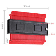 Red contour gauge with black ruler for precise shape duplication in woodworking and tile cutting.