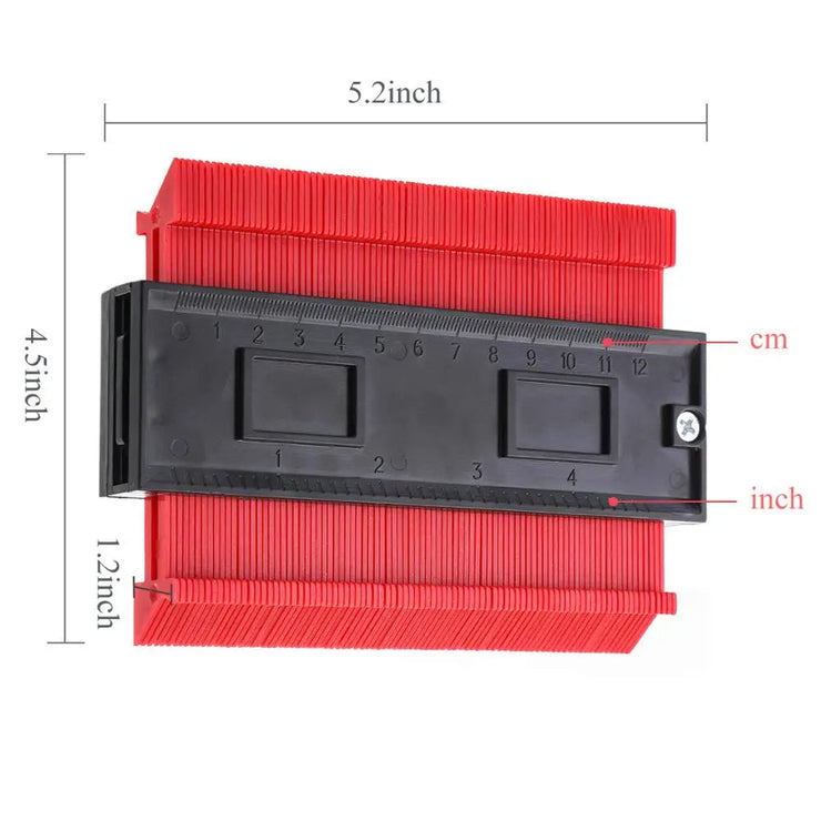 Red contour gauge with black ruler for precise shape duplication in woodworking and tile cutting.