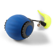Blue upgraded model gun grip cat toy ball with silicone material and yellow tail attachment for funny cat play.