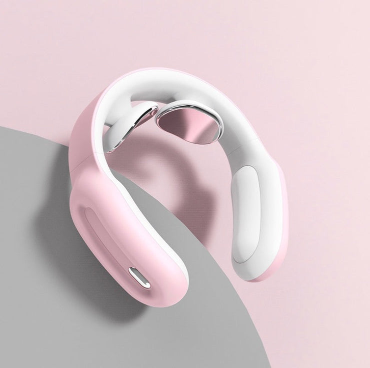 Cervical and shoulder massager with intelligent remote control in pink and white.