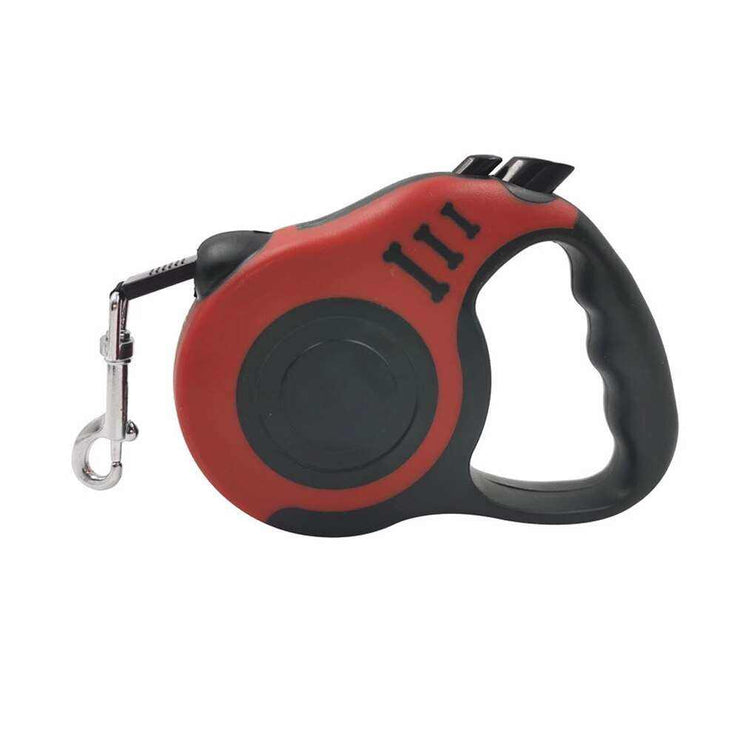 Retractable nylon dog leash in red and black with ergonomic handle, 3m and 5m lengths available.
