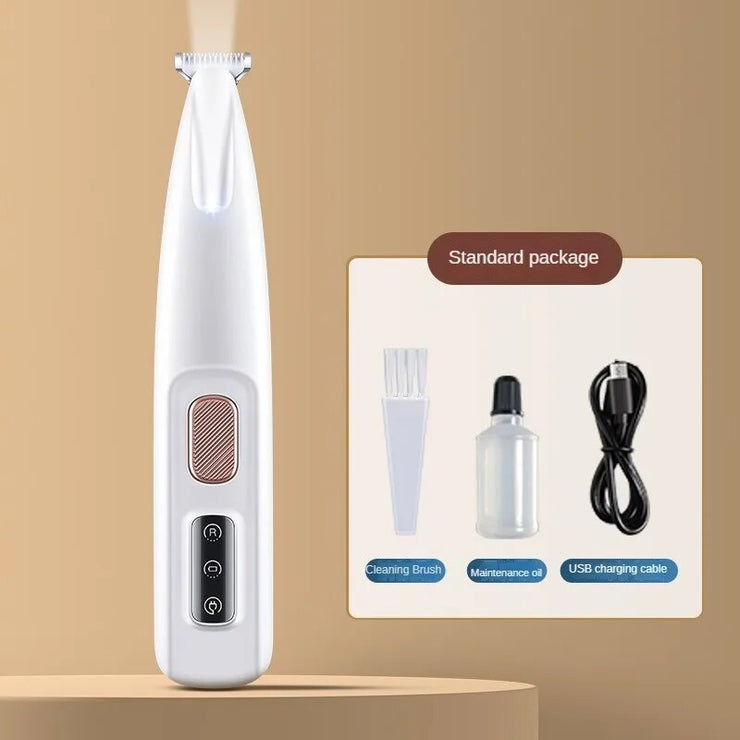 Dog paw trimmer with LED light and accessories, featuring quiet operation and rechargeable battery.