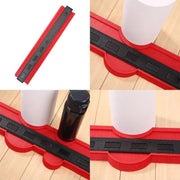 Red and black contour gauge tool replicating shapes and curves for precise woodworking and tile cutting measurements.