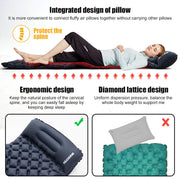 Outdoor Camping Inflatable Mattress with integrated pillow, ergonomic and diamond lattice design for spine protection and uniform body support.