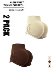 2 pack high-waisted seamless yoga workout shorts with tummy control and scrunch butt design.
