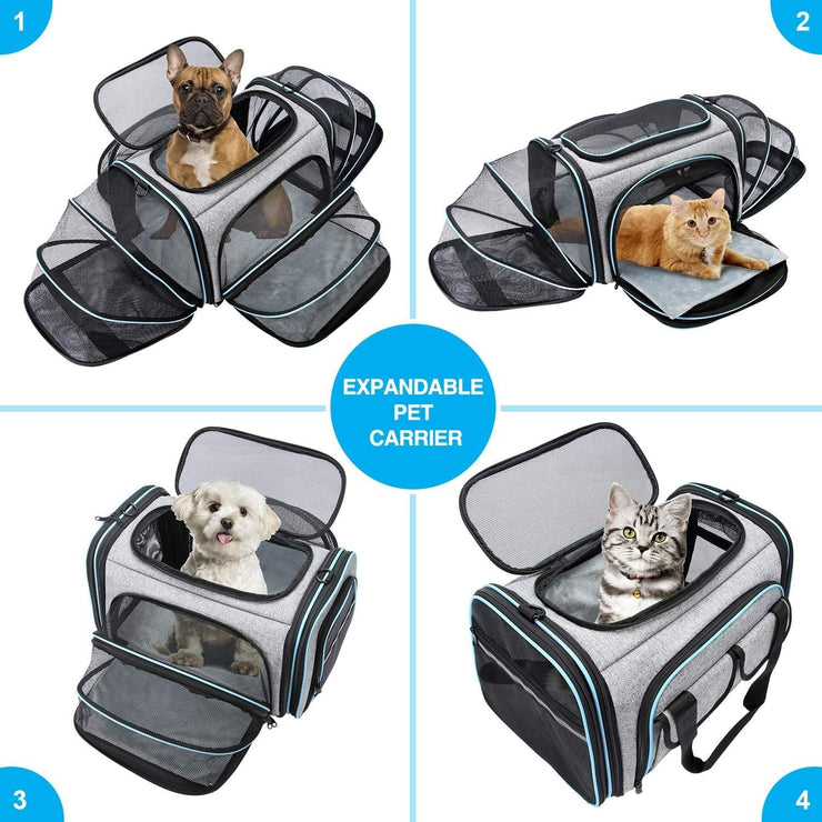 Large expandable soft-sided pet carrier with mesh sides, suitable for cats and small dogs, featuring a removable fleece pad and pockets.