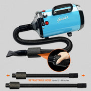 Professional-grade pet grooming blow dryer with retractable hose and adjustable speed in blue.