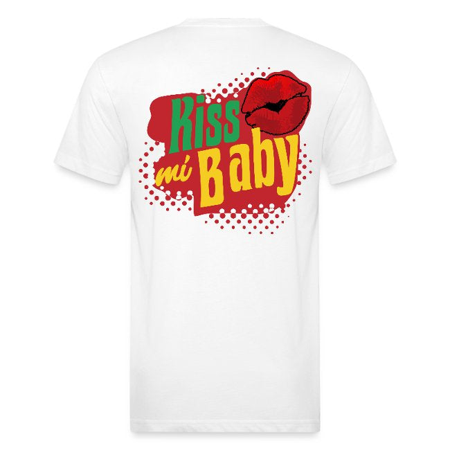 White "Kiss mi Baby" T-shirt with colorful graphic on the back.