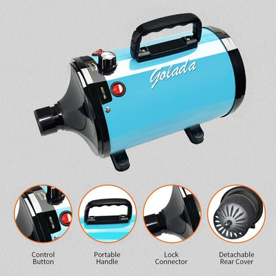 Professional-grade pet grooming blow dryer in blue, featuring adjustable speed and temperature controls, with four nozzles for dogs and cats.