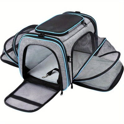 Large soft-sided expandable pet carrier with removable fleece pad and pockets for travel.