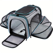 Large soft-sided pet carrier with four expandable sides, removable fleece pad, and pockets.