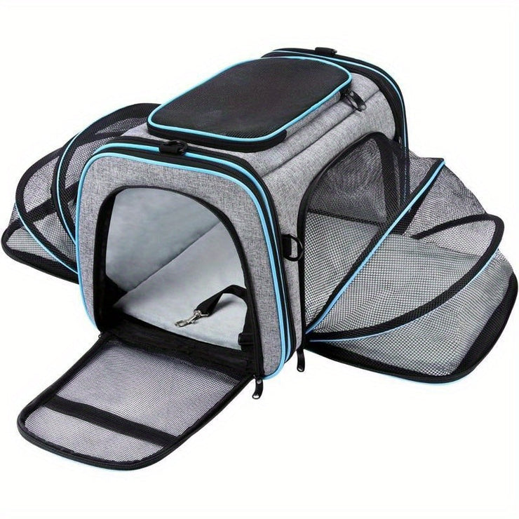 Large soft-sided pet carrier with four expandable sides, removable fleece pad, and pockets.