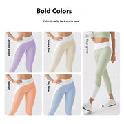 Environmental Regeneration Irregular Yoga Pants in bold colors, featuring lavender purple, cassava flour, sage green, sunset orange, sky blue.