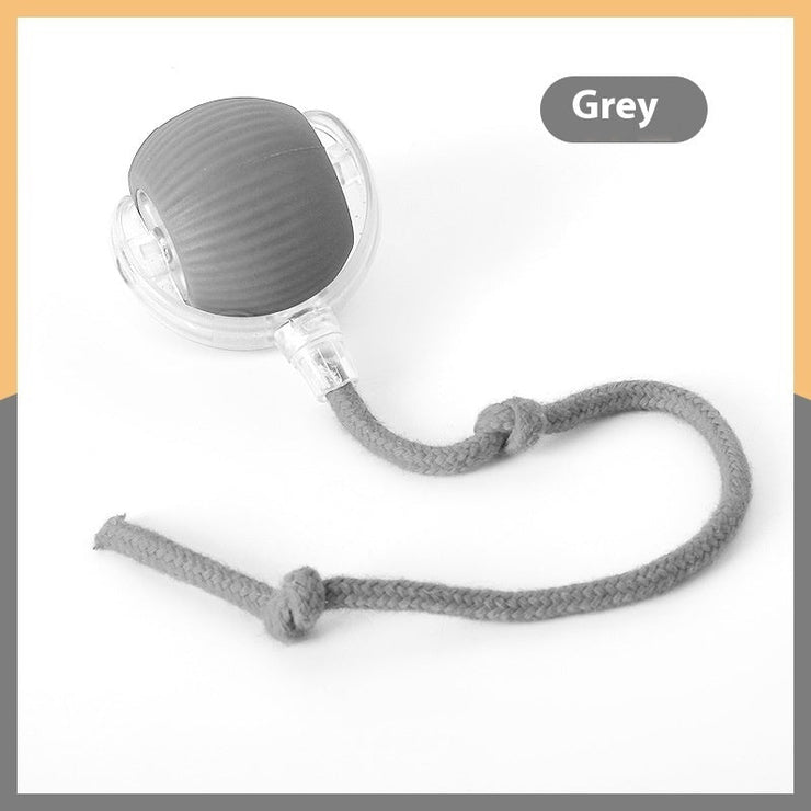 Interactive cat toy ball in grey with rope attachment for engaging play.