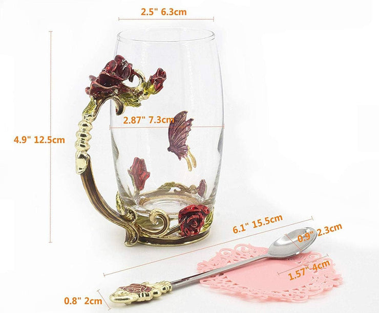 Elegant floral tea mug set with 3D butterfly design, spoon included, ideal for Mother's Day and gifts.