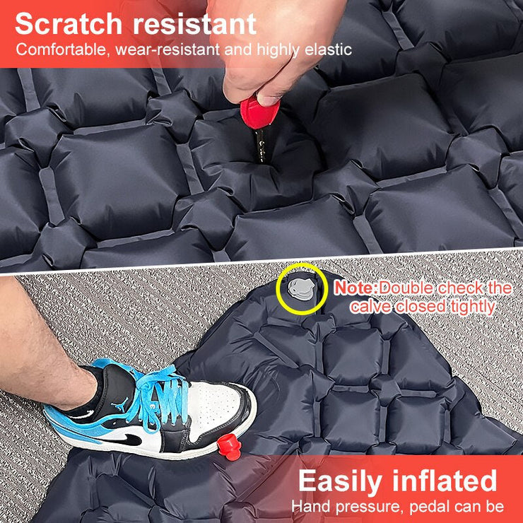 Durable outdoor camping inflatable mattress being inflated with built-in foot pump showing scratch resistant black surface