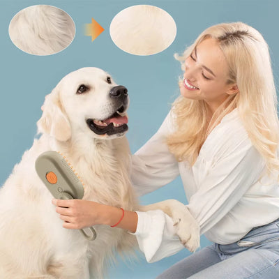 Steam Pet Brush 3-in-1 for Dogs, grooming dog with brush promoting hair removal and bonding.