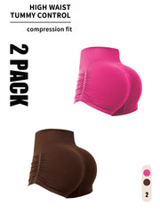 2 pack seamless yoga workout shorts, high-waisted with scrunch butt design, in pink and brown.