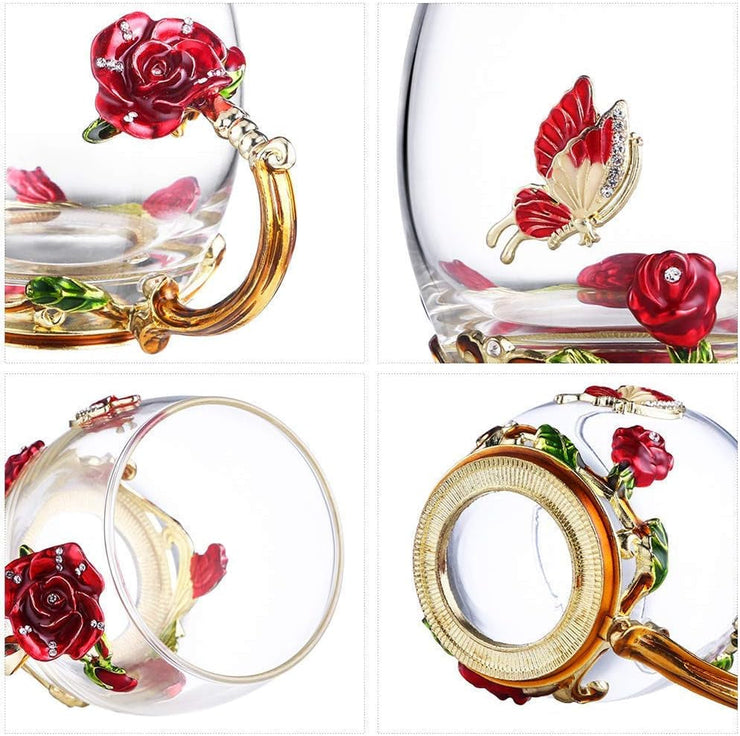 Elegant Floral Tea Mug with 3D Rose and Butterfly Design, Ideal Gift for Mother's Day and Holidays.