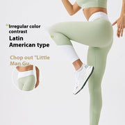 Environmental Regeneration Irregular Yoga Pants in green with white waistband, showcasing super stretch and eco-friendly fabric for sports and fitness activities.