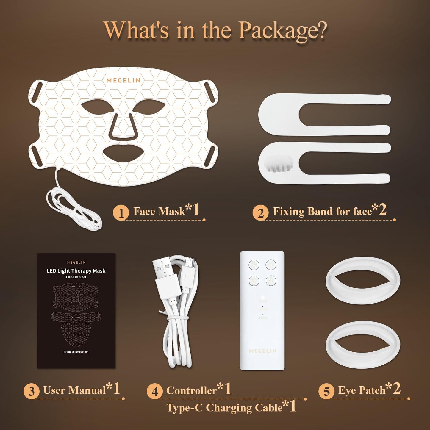 Showing MEGELIN 7 Color LED Light Therapy Face Mask full box content