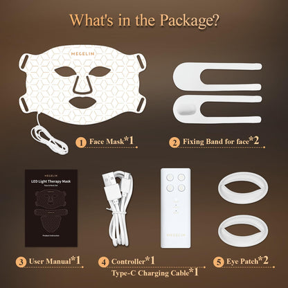 Showing MEGELIN 7 Color LED Light Therapy Face Mask full box content