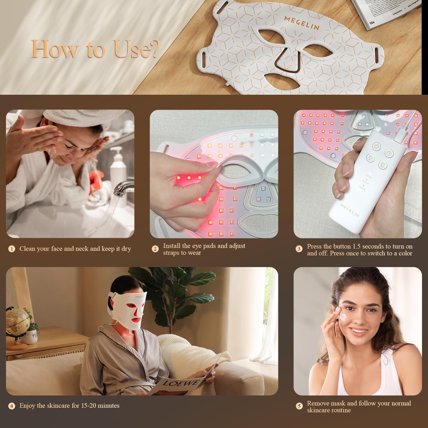 Showing MEGELIN 7 Color LED Light Therapy Face Mask demonstration