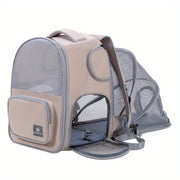 Expandable pet carrier backpack with large capacity, zip closure, nylon material, ideal for outings with cats and dogs.