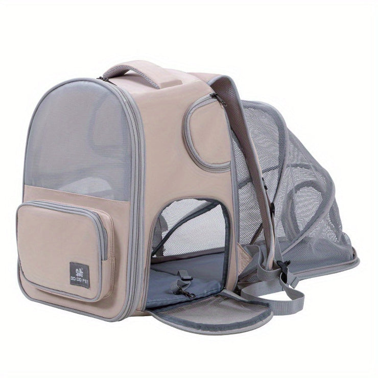 Expandable pet carrier backpack with large capacity, zip closure, nylon material, ideal for outings with cats and dogs.