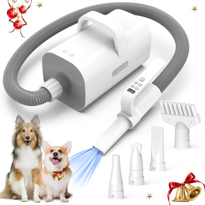 4-in-1 pet hair dryer with attachments, suitable for dogs and cats, adjustable wind speed and temperature.