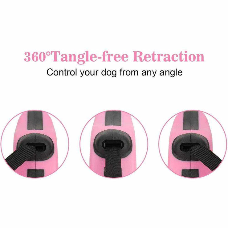360° Tangle-free Retractable Dog Leash in Pink with Easy-grip Handle for Versatile Pet Control.