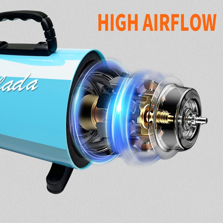 Professional-grade pet grooming blow dryer in blue with high airflow feature.