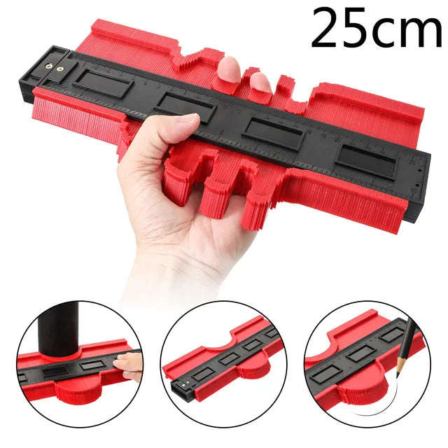 Hand holding a red and black 25cm contour gauge tool for replicating shapes and curves with close-up insets showing usage and pencil tracing details