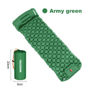 Army green outdoor camping inflatable mattress with built-in pillow and compact carry bag for easy transport