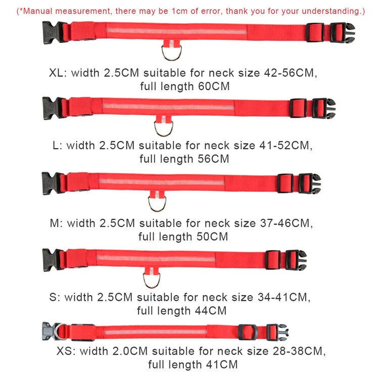 LED Adjustable Dog Collar sizes chart in red, available in XS to XL, showing neck and full length dimensions.