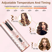 Portable automatic hair curler with adjustable temperature and timing, ceramic rotating cordless design for hair styling.
