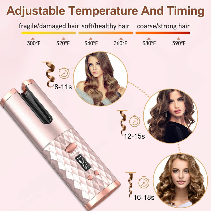 Portable automatic hair curler with adjustable temperature and timing, ceramic rotating cordless design for hair styling.