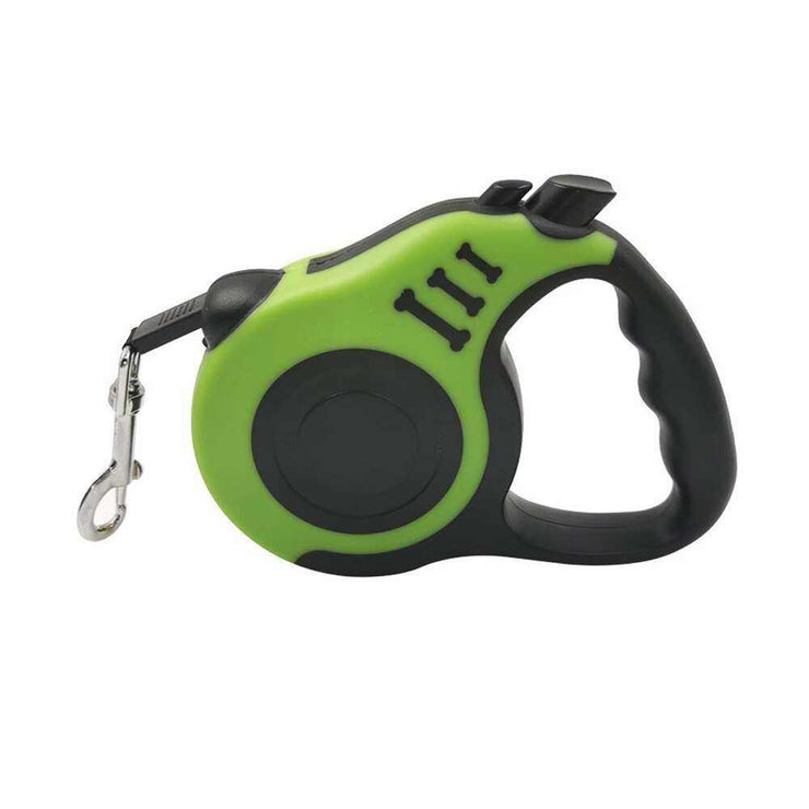 3m and 5m durable dog leash retractable nylon lead in green with ergonomic handle.