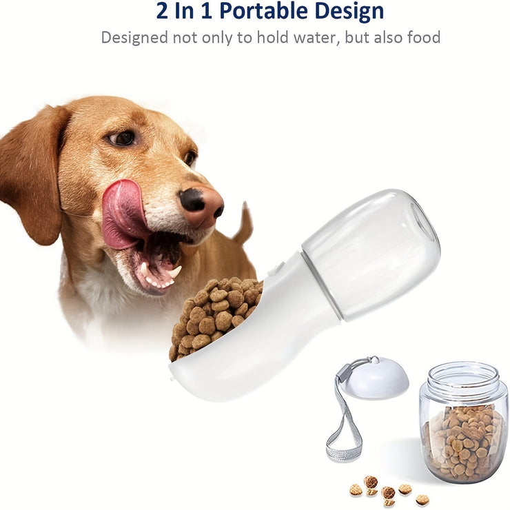 2 In 1 dog water bottle with food container, portable design, ideal for travel and outdoor activities.