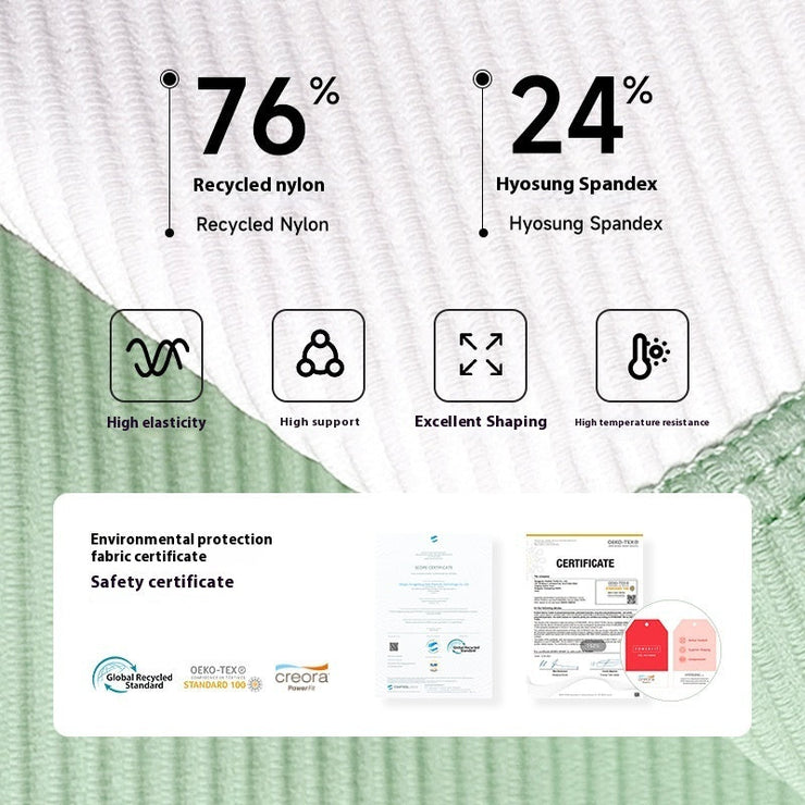 Environmental Regeneration Irregular Yoga Pants fabric details featuring recycled materials and certifications.