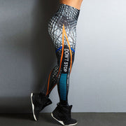 Digital printed yoga pants with geometric design, polyester and spandex blend, full length.