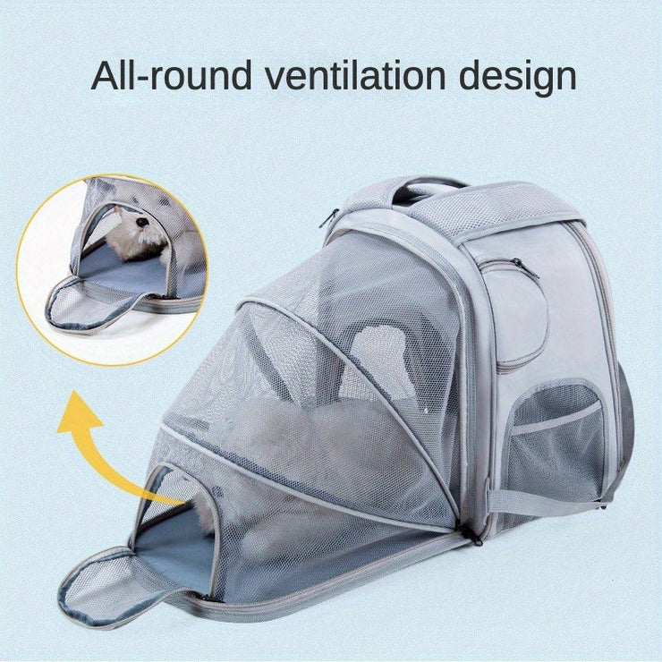 Expandable pet carrier backpack with all-round ventilation design for cats and dogs, ideal for adventurous outings.