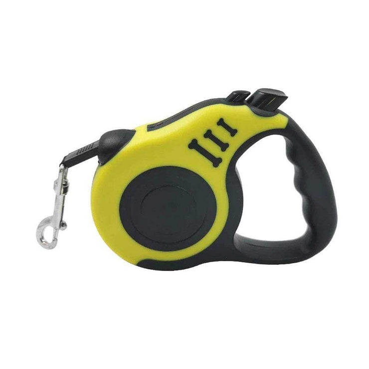 Yellow and black 3m and 5m durable retractable dog leash with ergonomic handle.