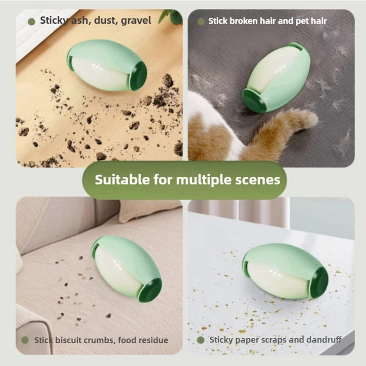 Lint rollers cleaning dust, pet hair, and crumbs from various surfaces.