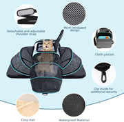 Large soft-sided pet carrier with expandable sides, mesh ventilation, detachable shoulder strap, and removable fleece pad, ideal for cats, dogs, and small animals.