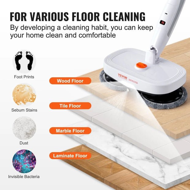 VEVOR Cordless Electric Spin Mop with Water Tank, 40-Minute Battery Life, LED Headlight, Dual Mop Heads, and 8 Microfiber Pads for Hardwood and Tile Floor Cleaning-The Joop Basket