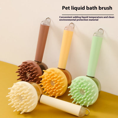 Silicone pet massage and bath brushes in beige, brown, yellow, and green colors.
