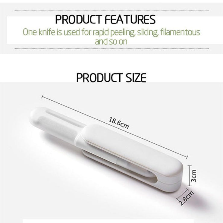 3-in-1 rotating stainless steel peeler with multipurpose functions for rapid peeling, slicing, and grating, white design.