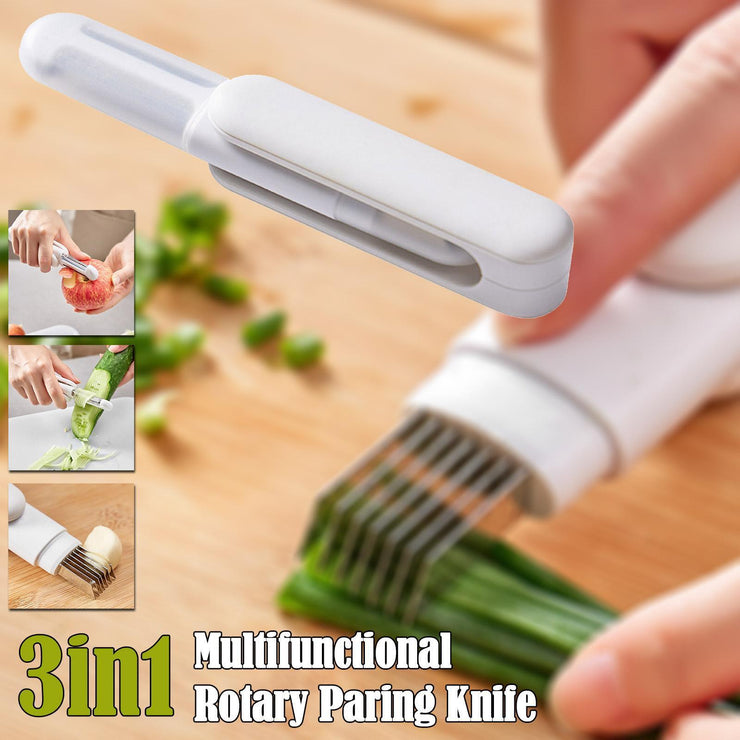3-in-1 rotating stainless steel peeler with multifunctional blade for peeling, shredding, and slicing.