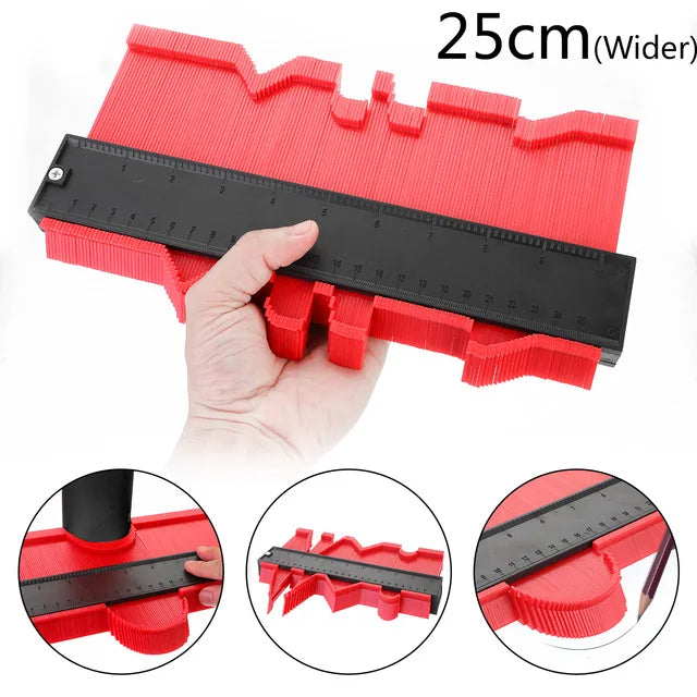 Hand holding a red contour gauge with a black measuring ruler for precise shape duplication and measurement up to 25 cm width